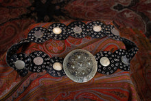 Load image into Gallery viewer, Full view of Leather belt featuring antique Moroccan silver coins
