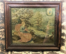 Load image into Gallery viewer, Embroidered scene of the virgin appearing in the clouds to a person seated under a tree.

