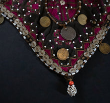 Load image into Gallery viewer, Detail of Kohistani headdress showing charming coin and button embellishments.

