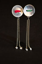 Load image into Gallery viewer, Close-up view of mother-of-pearl button and silver chain earrings