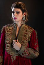 Load image into Gallery viewer, Bodice closeup of gold embroidery and trim on velvet Hazara dress