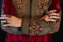 Load image into Gallery viewer, Rich gold embroidery and trim on sleeves of velvet Hazara dress