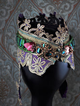 Load image into Gallery viewer, Back view of Lady of Shallot headdress showing stunning closure of faux jewels