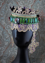 Load image into Gallery viewer, Front view of Lady of Shallot headdress decorated with iridescent bug carapaces and floral "jewels"