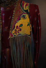 Load image into Gallery viewer, Closeup of hand-painted design on vintage boho leather vest