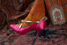 Load image into Gallery viewer, Manolo Blahnik Pink Silk and Lamé Lace-up Heels