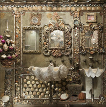 Load image into Gallery viewer, Bath reimagined as a shell grotto, with giant clam sinks; shell wall art; shell-covered walls.