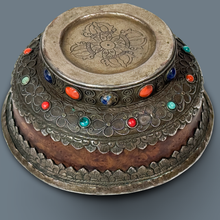 Load image into Gallery viewer, Mongolian Antique  Burl Gem Studded Silver Bowl
