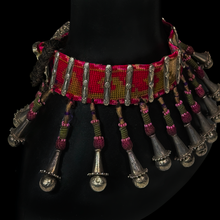 Load image into Gallery viewer, Rare Choker from Afghanistan with Embroidered Sagusha Ribbon, Silver and beaded  ornamentation
