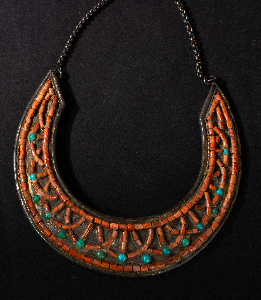 Buryat Necklace with Coral and Turquoise Inlay