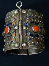 Load image into Gallery viewer, Algerian Great Kabylie Silver, Enamel  and Coral Antique  Cuff
