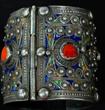Load image into Gallery viewer, Algerian Great Kabylie Silver, Enamel  and Coral Antique  Cuff
