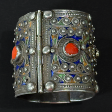 Load image into Gallery viewer, Algerian Great Kabylie Silver, Enamel  and Coral Antique  Cuff
