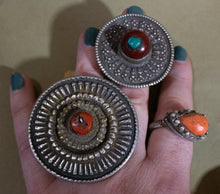 Load image into Gallery viewer, Coral and Silver Tibetan Upcycled Rings
