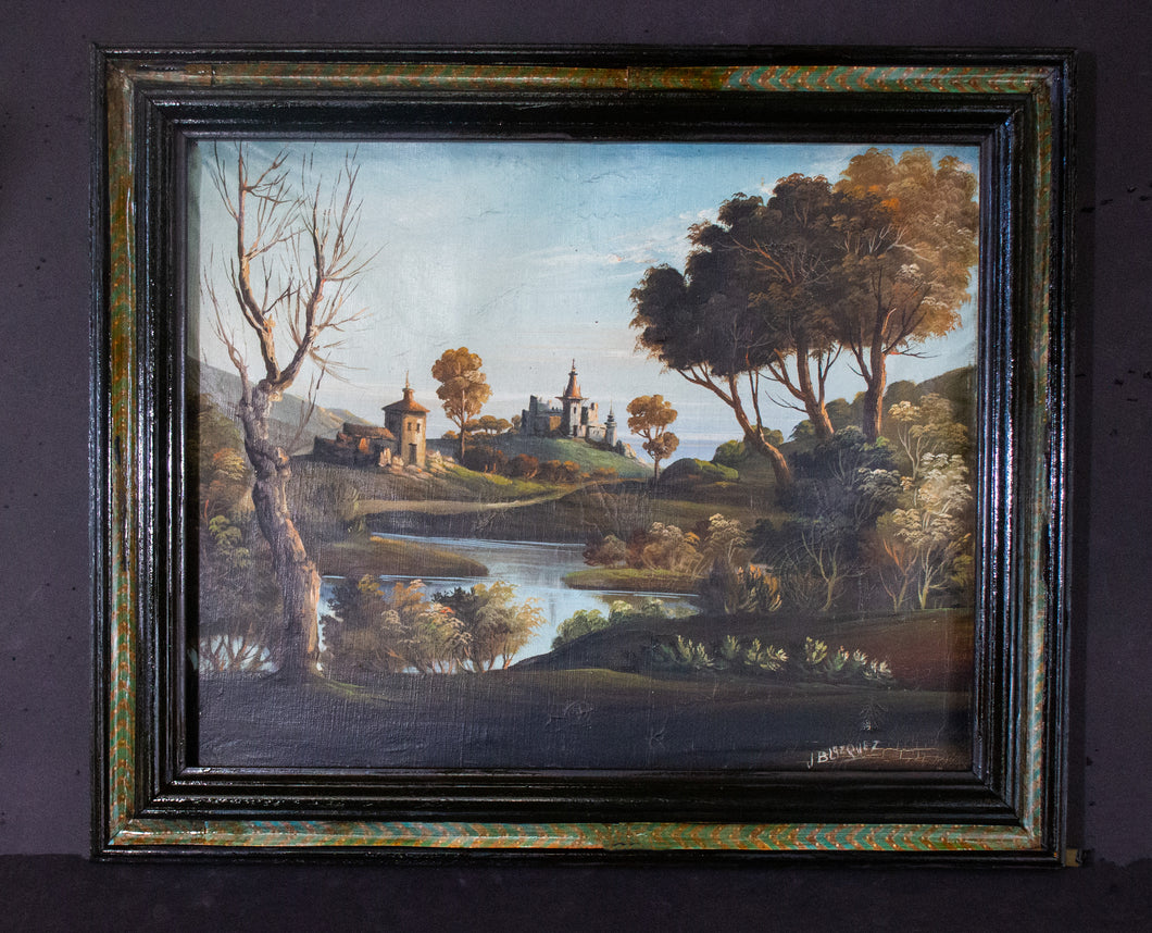 Creepy European Landscape Painting with Customized Frame