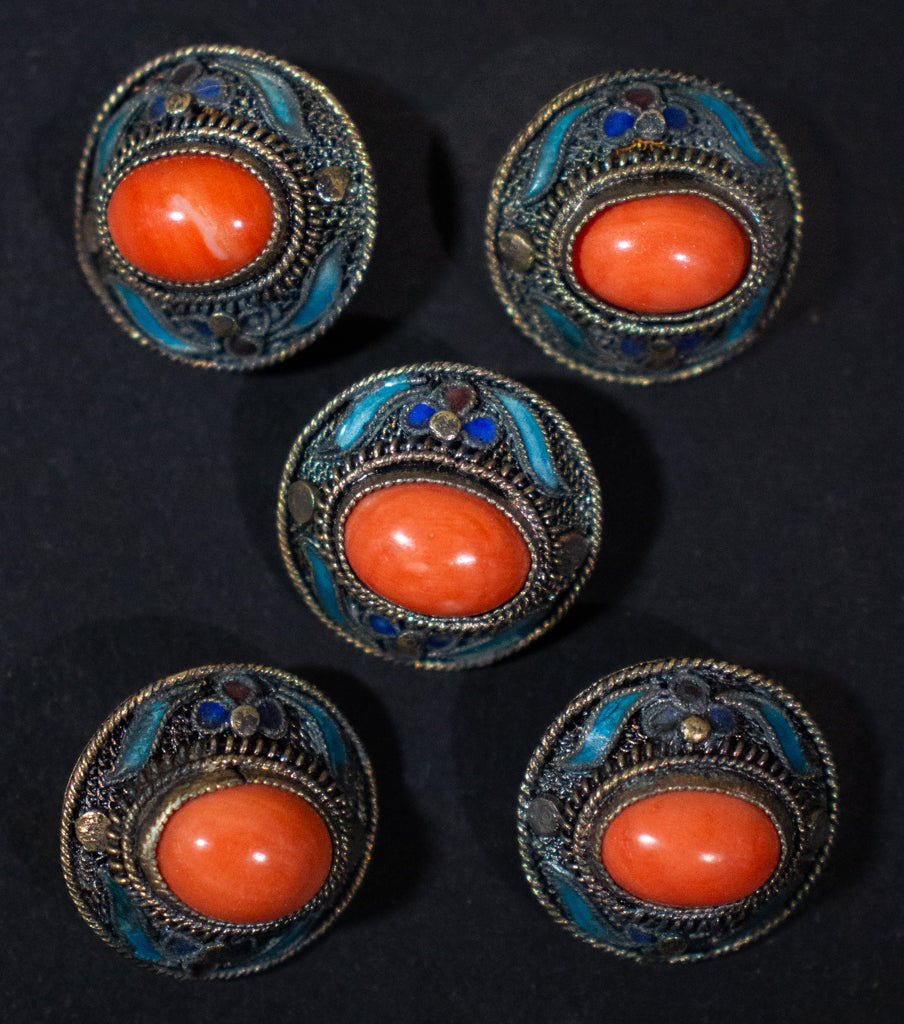 Coral and Enamel Antique  Mongolian Buttons