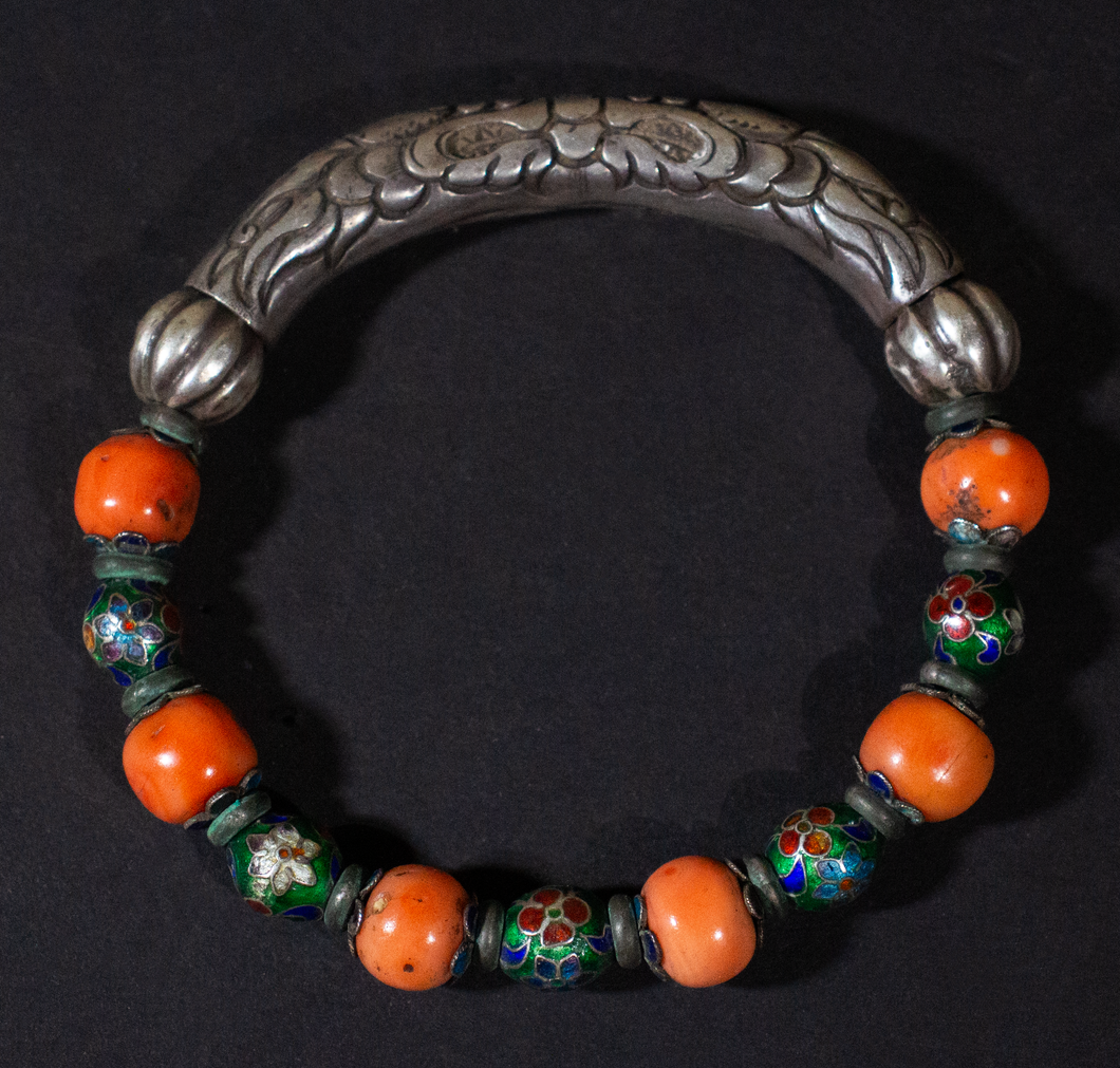 Mongolian Coral and Silver Bangle