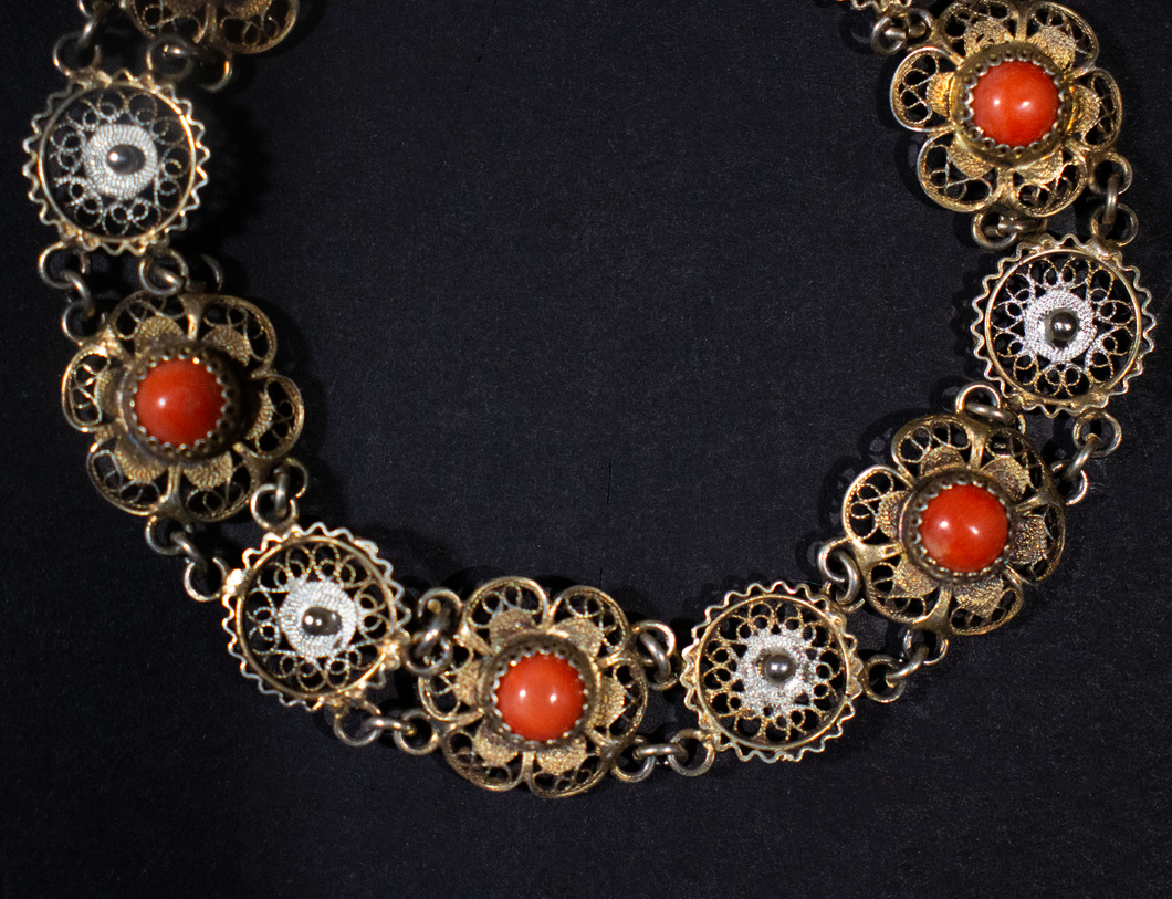 Italian Coral Gold and Silver Filigree  Bracelet