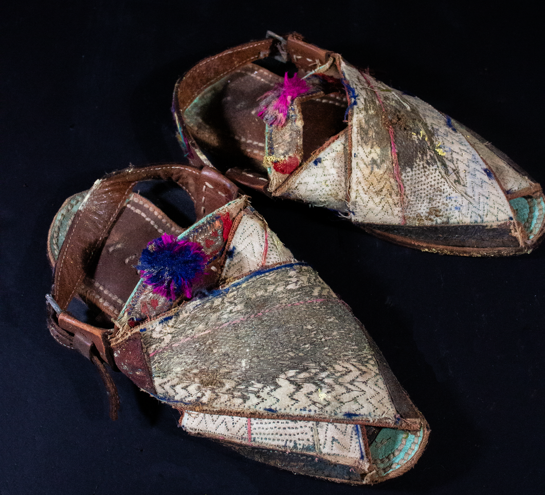 Sandals , Indian  of leather with Brocade and Pom Poms