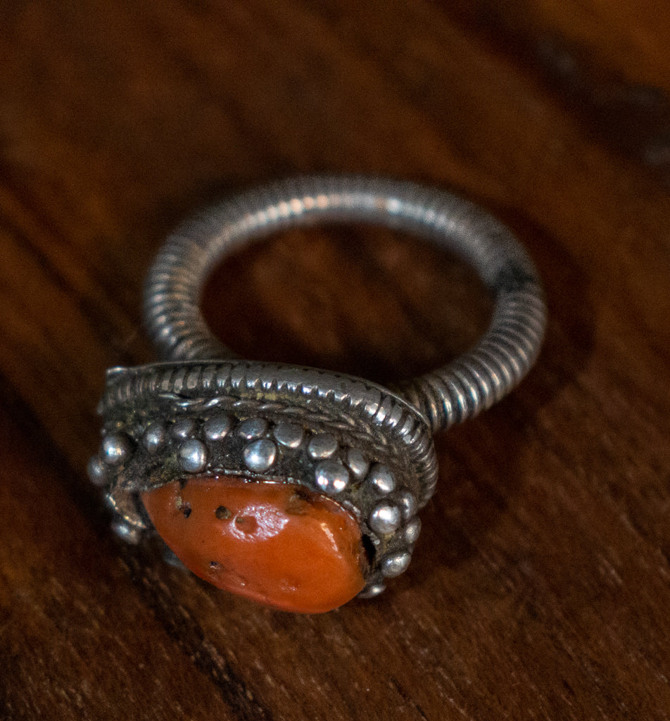 Coral and Silver Tibetan Upcycled Rings