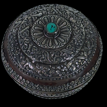 Load image into Gallery viewer, Tibetan Antique  Burl Bowl with Silver Repousse Ornamentation and Turquoise Finial
