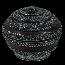 Load image into Gallery viewer, Tibetan Antique  Burl Bowl with Silver Repousse Ornamentation and Turquoise Finial
