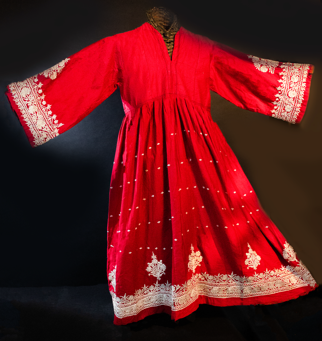 Afghanistan White on Cherry  Embroidered  Vintage Dress