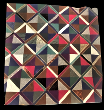 Load image into Gallery viewer, Vintage diamond-patterned crazy quilt echoing jester motif.
