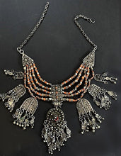 Load image into Gallery viewer, Full view of Silver and Coral Lazem Necklace from Yemen
