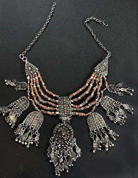 Full view of Silver and Coral Lazem Necklace from Yemen