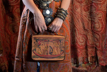 Load image into Gallery viewer, Embossed and painted vintage Egyptian leather handbag completes the Orientalist look. Coordinates beautifully with vintage paisleys.

