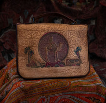 Load image into Gallery viewer, Desert scene embossed and painted on back panel of handbag
