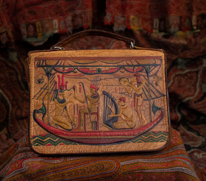 Vintage Orientalist embossed leather handbag. Egyptian scene.