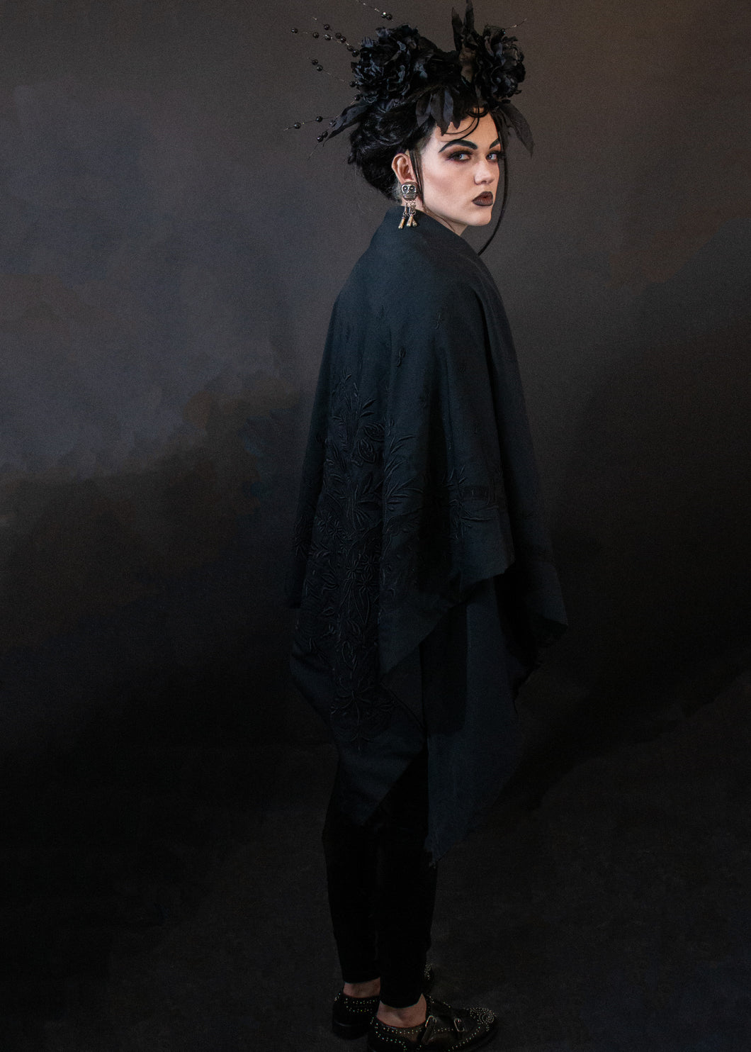 Black Victorian Mourning Cape with Embroidery