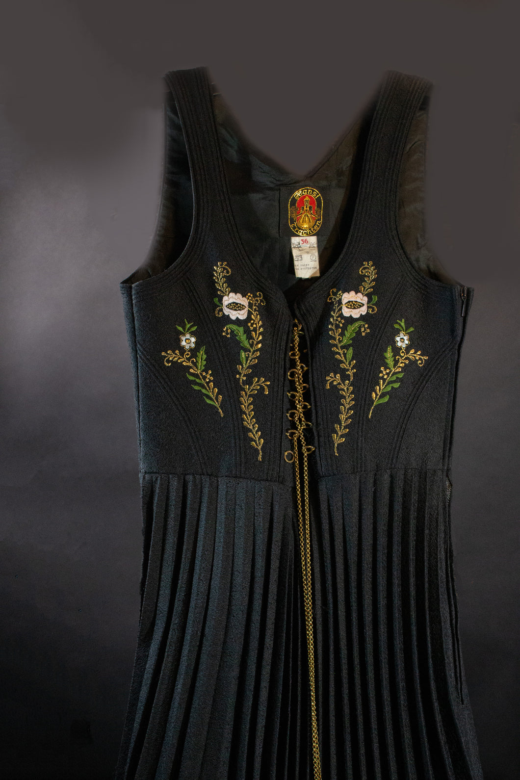 Germanic Black Wool Dress with Embroidery