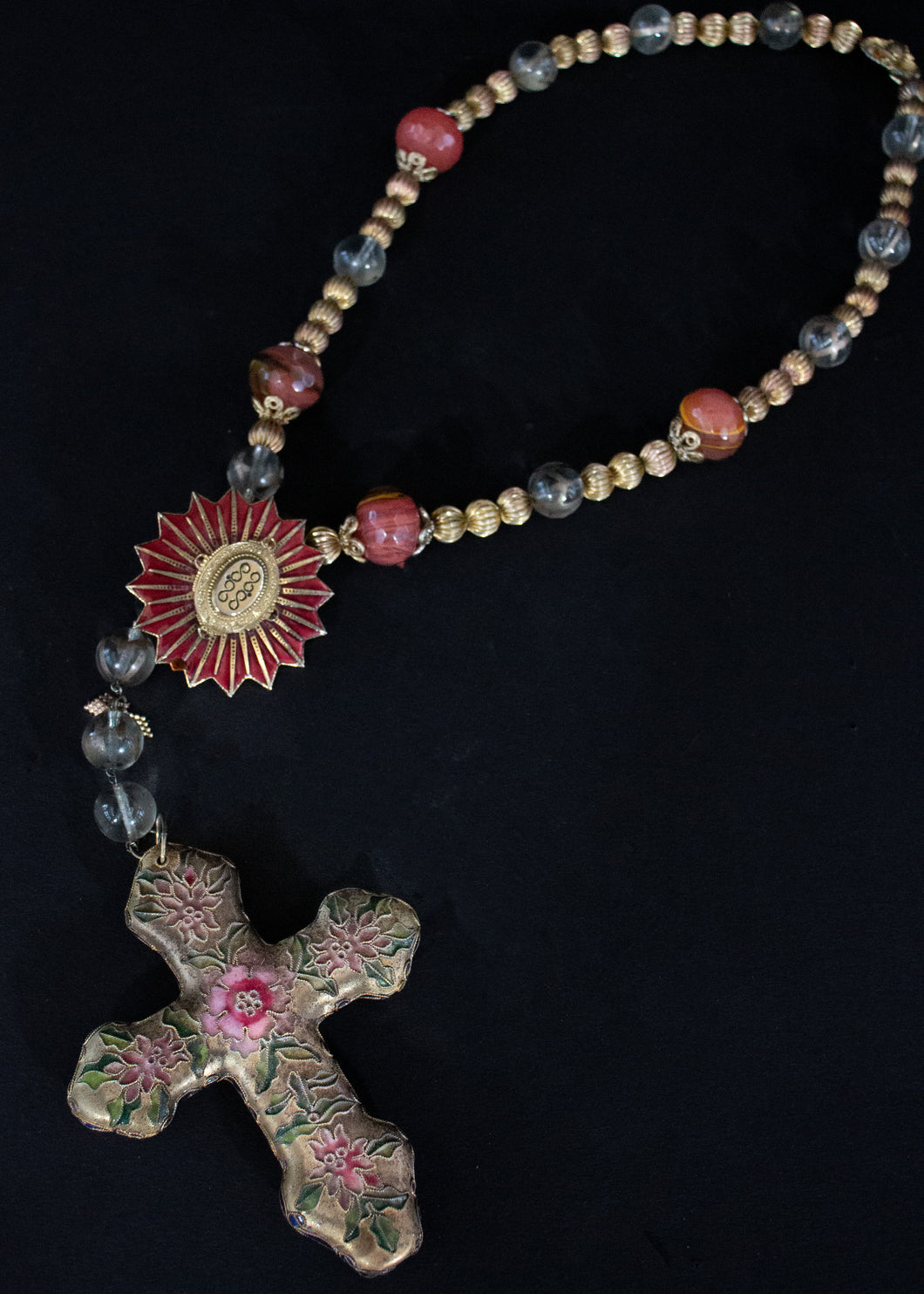 Vermeil , Enamel, Crystal  and Rose Quartz Rosary  Necklace