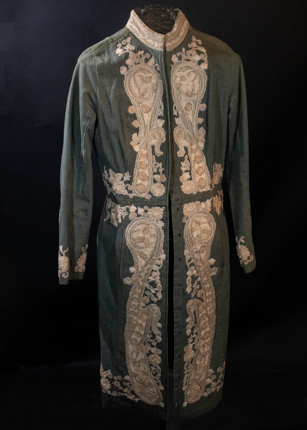 Khaki Green  Denim  Edwardian Style Embroidered Coat