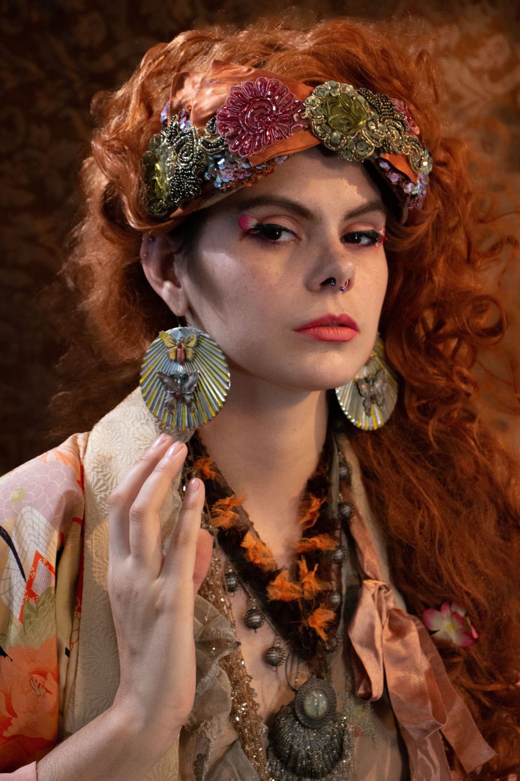 Created bespoke headband by Atelier Carpe Diem using up-cycled vintage beaded floral appliqués and a silk ribbon band.