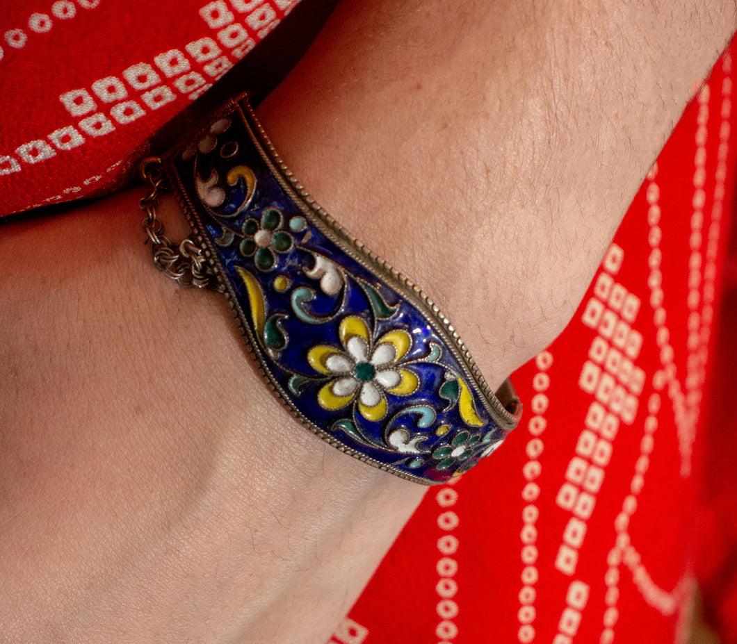 Art Nouveau style enamel on silver bracelet from Central Asia.