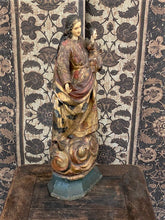 Load image into Gallery viewer, Side view of statue, showing folds in her robes and painted details.
