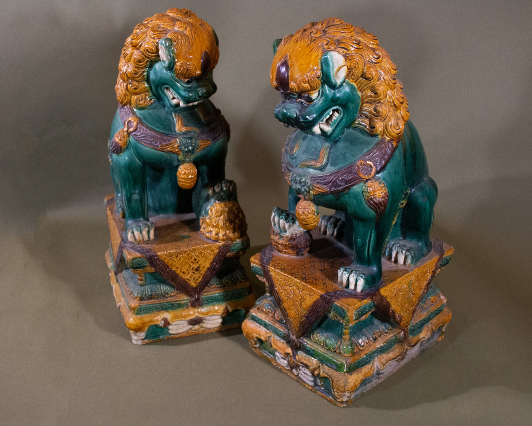 Pair of   Glazed Ceramic Lion Shishi  or Fu  Dogs