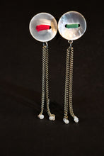 Load image into Gallery viewer, Close-up view of mother-of-pearl button and silver chain earrings
