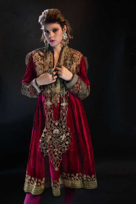 Velvet Hazara dress with gold embroidery and trim