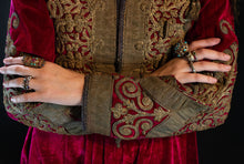 Load image into Gallery viewer, Rich gold embroidery and trim on sleeves of velvet Hazara dress
