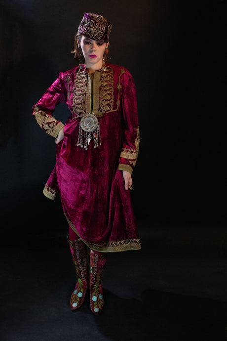 Front view of velvet dress with gold embroidery