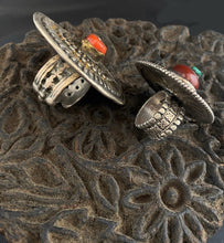 Load image into Gallery viewer, Coral and Silver Tibetan Upcycled Rings
