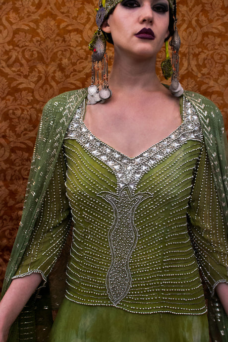 Stunning front view of beadwork bodice in ombre green overdyed dress