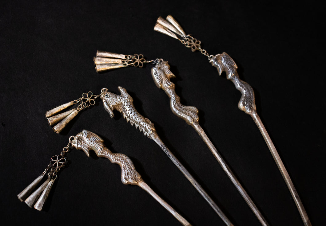 Hair Sticks Set in Antique Silver - Miao Tribes, China