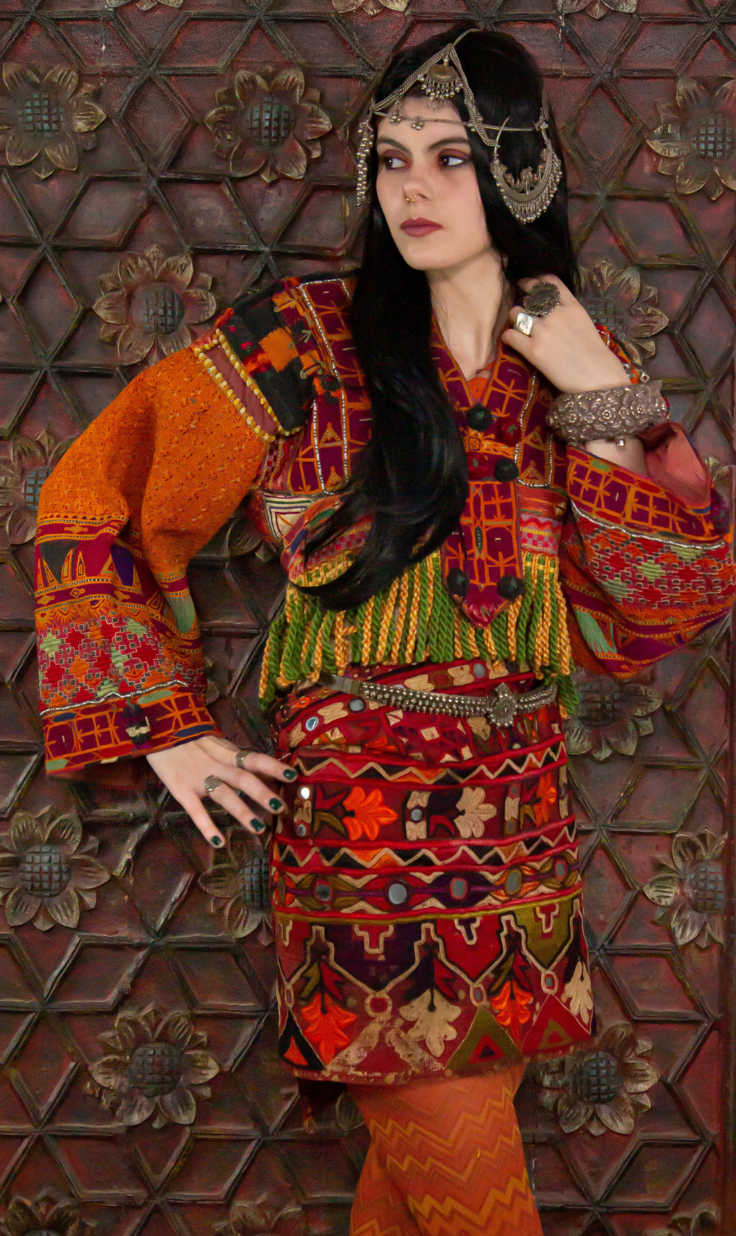 Model wearing vintage embroidered tunic set from Afghanistan and India