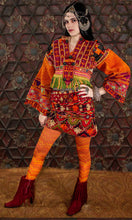 Load image into Gallery viewer, Full view of embroidered textile bodice set from Afghanistan and India, worn with Singkiang accessories
